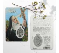 Saint Rita Prayer Card with Medal - Religious Image - Christian Catholic Worship Plastic