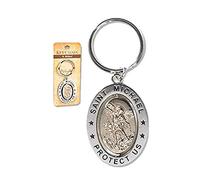 Saint St Michael 3 1/4 Zinc Alloy Silver Plate Revolving Dual Tone Key Ring with Prayer