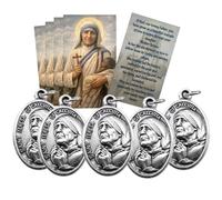 Saint Teresa of Calcutta Oval Medal & Holy Card Set - 5 Italian Made Silver-Tone Catholic Medals with 5 Prayer Cards-Pray For Us on Reverse - Mother Teresa Religious Gifts, Charms, Rosary Making