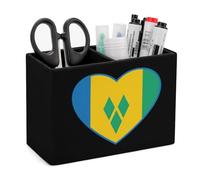 Saint Vincent And Grenadines Flag Heart Pencil Holder with Compartment PU Leather Pen Cup Stationery Organizer Small Office Accessories Desktop Decor