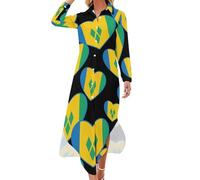 Saint Vincent and Grenadines Flag Heart Women's Casual Maxi Dresses Long Sleeve Ladies Long Dress Button-Down Shirt Dress L