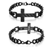 Saintda Engraved American Flag Blessings Cross Bracelet for Men, Black Stainless Steel Cuban Chain 13.5" Adjustable Christian Religious Jewelry Gift for Him, M, no gemstone
