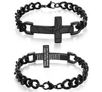 Saintda Patriotic Bible Verse Cross Bracelet for Men, Black Stainless Steel Engraved Football/Basketball/Soccer Cuban Chain 13.5 Inch Adjustable Christian Religious Jewelry Gift for Him, Joshua 1:9
