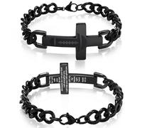 Saintda Patriotic Bible Verse Cross Bracelet for Men, Black Stainless Steel Engraved Football/Basketball/Soccer Cuban Chain 13.5 Inch Adjustable Christian Religious Jewelry Gift for Him, Joshua 1:9