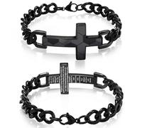 Saintda Patriotic Bible Verse Cross Bracelet for Men, Black Stainless Steel Engraved Football/Basketball/Soccer Cuban Chain 13.5 Inch Adjustable Christian Religious Jewelry Gift for Him, Isaiah 41:10