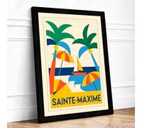 Sainte-Maxime Beach Vintage Framed Wall Art Print A1 (84.1×59.4cm) Black, Wall Decor for Living Room, Bedroom, Office & Home, Ready to Hang, Art Gift