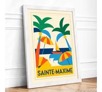 Sainte-Maxime Beach Vintage Framed Wall Art Print A2 (59.4×42cm) White, Wall Decor for Living Room, Bedroom, Office & Home, Ready to Hang, Art Gift