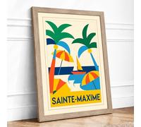 Sainte-Maxime Beach Vintage Framed Wall Art Print A3 (42×29.7cm) Oak, Wall Decor for Living Room, Bedroom, Office & Home, Ready to Hang, Art Gift