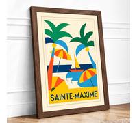 Sainte-Maxime Beach Vintage Framed Wall Art Print A3 (42×29.7cm) Walnut, Wall Decor for Living Room, Bedroom, Office & Home, Ready to Hang, Art Gift