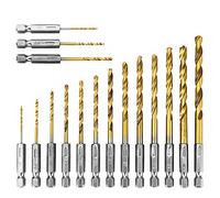 Saipor 16pcs Hex Shank Titanium Coated Twist Drills Bit Set 1.5-6.5mm High Speed Steel Quick Change Impact Driver Bit for Soft Metal, Wood, PVC and Plastic