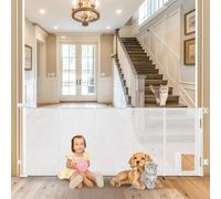 Sair Pet Reinforced 35” Tall X 55” Wide Retractable Baby Gate with Cat Door, White Mesh Fabric for Dogs, Cats & Babies