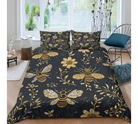 SAISAIGE 3D Print Cosy Microfibre Golden bees Quilt Cover All Season Bedding Set w/Pillow Cases Botanical illustration style Comforter Cover All Season Easy Care for Couples Double（200x200cm）