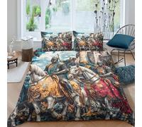 SAISAIGE 3D Print Skin-Friendly Microfiber Medieval Knights Comforter Cover Set Easy Care Bedding Set w/Pillowcase Fantasy Castle Quilt Cover Set All Season for Teens Adults Single（135x200cm）