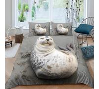 SAISAIGE 3D Printed Comfy Microfibre Cute Seal Quilt Cover Sets Easy Care Bedding Set with Pillowcases Nature Wildlife Bed Quilt Cover All Season Machine Washable for Home Decor Double（200x200cm）