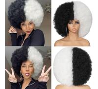 Saisifen Afro Puff Wigs for Black Women Glueless Short Afro Cosplay Wig 70s Bouncy Synthetic Heat Resistant Hair Colorful Party Halloween 10inch #Black and White