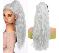 Saisifen Drawstring Ponytail Extension Long Water Wavy Synthetic Combs in Hair Extensions for Women Natural Looking Curls Hair 110g 50 CM/20 Inch #Silver Grey