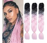 SAISIFEN Ombre Braiding Hair Extensions for Box Braids 3 Packs 24 Inch Twist Crochet Braids Jumbo Braided Hair for Women Kids #B5 Black to Pink