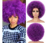 Saisifen Short Afro Wigs for Women Synthetic Heat Resistant Afro Puff Wig 70s Colorful Bouncy Cosplay Halloween Party Wig 10inch #Purple