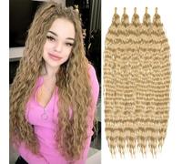 Saisifen Water Wave Curly Crochet Hair for Bohemian Braids with Curly Ends 5Packs 30 Inch Extra LongWavy Curls Colorful Synthetic Braiding Hair Extensions #24 Natural Blonde