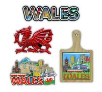 SAJAK Set of 4 Wales Fridge Magnets - Wooden & Resin Souvenir Pack Featuring Welsh Flag, Cardiff Castle, Red Dragon & Snowdonia - UK Travel Gift, Home Kitchen Decor, Collectible, Tourist Keepsake