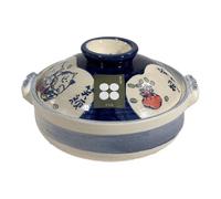 Saji Touki Banko Yaki Ceramic Japanese Clay Pot 25cm - 2-3 Servings | Round Stewpot for Home Cooking | Traditional Donabe Hot Pot with Decorative Designs (Blue Maneki Neko)