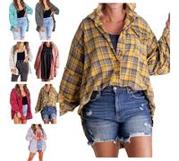 SAJOGQ Women's Seams Raw Edge Washed Oversized Shirt Jacket with Pockets (Yellow,M)
