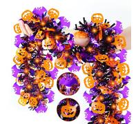 Sakayo 33 Ft Halloween Decorations Tinsel Garland with LED Lights - Metallic Orange Pumpkin Purple Bat Garland for Home Indoor Outdoor Party Decor