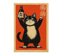 Sake Cat Anime Woodblock Poster Modern Woodblock Print, Cartoon Manga Kitten Wall Art Decor, Modern Japanese, Cat Lovers, A4 (Print Only) - 29.7x21cm