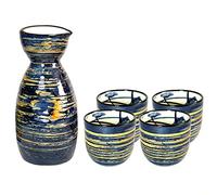 Sake Set Blue Japanese Sake Cup Set Traditional Hand Painted Design Porcelain Pottery Ceramic Cups Crafts Wine Glasses 5 Piece (Blue Wise)