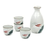 Sake Set Japanese Sake Cup Set Traditional Hand Painted Design Porcelain Pottery Ceramic Cups Crafts Wine Glasses 5 Piece (Red Fish)