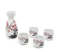Sake Set Japanese Sake Pot Set Traditional Sake Cup Hand Painted Design Porcelain Pottery Ceramic Crafts Wine Glasses Saki Cups 5 Piece (Cherry Blossoms New)