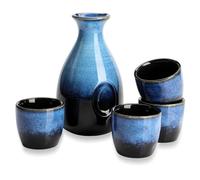 Sake Set with Cup and Wine Pot Ceramic Set for Warmers Including 1 Large Pot and 4 Cups (Blue Black)