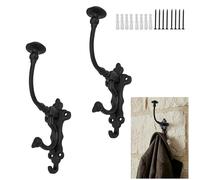 SaKeGa Mystic Colonial Rustic Cast Iron Wall Hooks - Heavy Duty Vintage Utility Hooks for Hanging Coats, Towels, Bags, Robes, Hats & More - Large Decorative Wall Mount Hanger, Pack of 2, Black