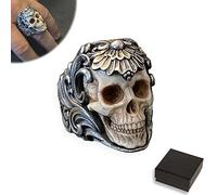 SAKEMA Vintage Polish Floral Armor Antler Skull Ring, Adjustable Open Gothic Punk Antique Style Skull Ring, Devil Ring Biker Jewelry for Men Women (8-11)
