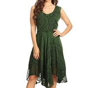 Sakkas 123 Sundara Stonewashed Rayon Embroidered Mid Length Dress - Green - 1X/2X