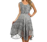 Sakkas 123 Sundara Stonewashed Rayon Embroidered Mid Length Dress - Grey - S/M