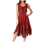 Sakkas 123 Sundara Stonewashed Rayon Embroidered Mid Length Dress - Red - L/XL