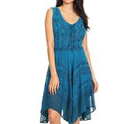 Sakkas 123 Sundara Stonewashed Rayon Embroidered Mid Length Dress - Turquoise Blue - 1X/2X