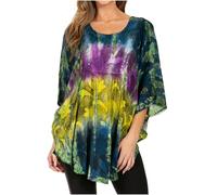 Sakkas 14031 - Ellesa Ombre Tie Dye Circle Poncho Blouse Shirt Top with Sequin Embroidery - Blue/Yellow - OS