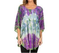 Sakkas 14031 - Ellesa Ombre Tie Dye Circle Poncho Blouse Shirt Top with Sequin Embroidery - Purple/Cream - OS