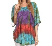Sakkas 14031 - Ellesa Ombre Tie Dye Circle Poncho Blouse Shirt Top with Sequin Embroidery - Turquoise/Purple - OS