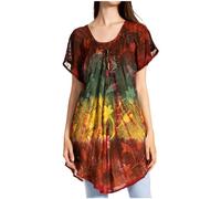 Sakkas 14783 - Dina Relaxed Fit Sequin Tie Dye Embroidery Cap Sleeves Blouse/Top - Brown - OS