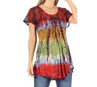 Sakkas 14783 - Dina Relaxed Fit Sequin Tie Dye Embroidery Cap Sleeves Blouse/Top - Coral - OSP