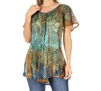 Sakkas 14783 - Dina Relaxed Fit Sequin Tie Dye Embroidery Cap Sleeves Blouse/Top - Green - OS