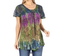 Sakkas 14783 - Dina Relaxed Fit Sequin Tie Dye Embroidery Cap Sleeves Blouse/Top - Navy - OSP