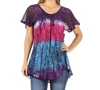Sakkas 14783 - Dina Relaxed Fit Sequin Tie Dye Embroidery Cap Sleeves Blouse/Top - Purple - OSP