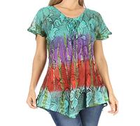 Sakkas 14783 - Dina Relaxed Fit Sequin Tie Dye Embroidery Cap Sleeves Blouse/Top - Turquoise - OSP