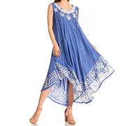 Sakkas 15009 - Alexis Embroidered Long Sleeveless Floral Caftan Dress/Cover Up - Denim Blue - OS