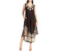 Sakkas 15009 - Alexis Embroidered Long Sleeveless Floral Caftan Dress/Cover Up - Grey/Black - OS