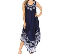 Sakkas 15009 - Alexis Embroidered Long Sleeveless Floral Caftan Dress/Cover Up - Midnight Blue - OS